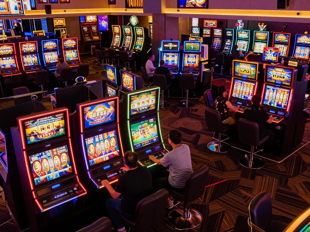 Players enjoying slot machines in a vibrant casino atmosphere with bright displays.
