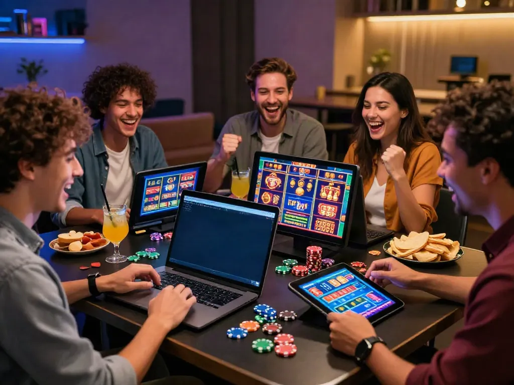Friends celebrating while gaming together at new credit card casinos with colorful screens and lively atmosphere.
