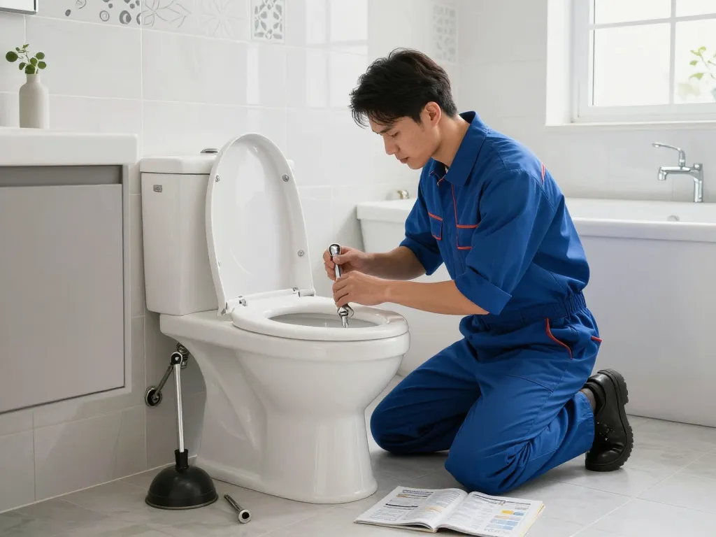 Apex Plumbing Services Inner West Sydney plumber diagnosing toilet issues in a modern bathroom.