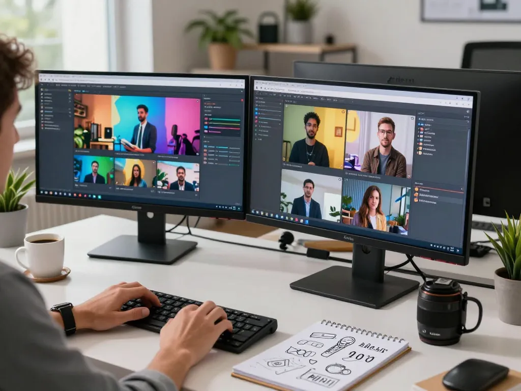 Generate AI prompts video to prompt analysis in a modern workspace with dual monitors and creative elements