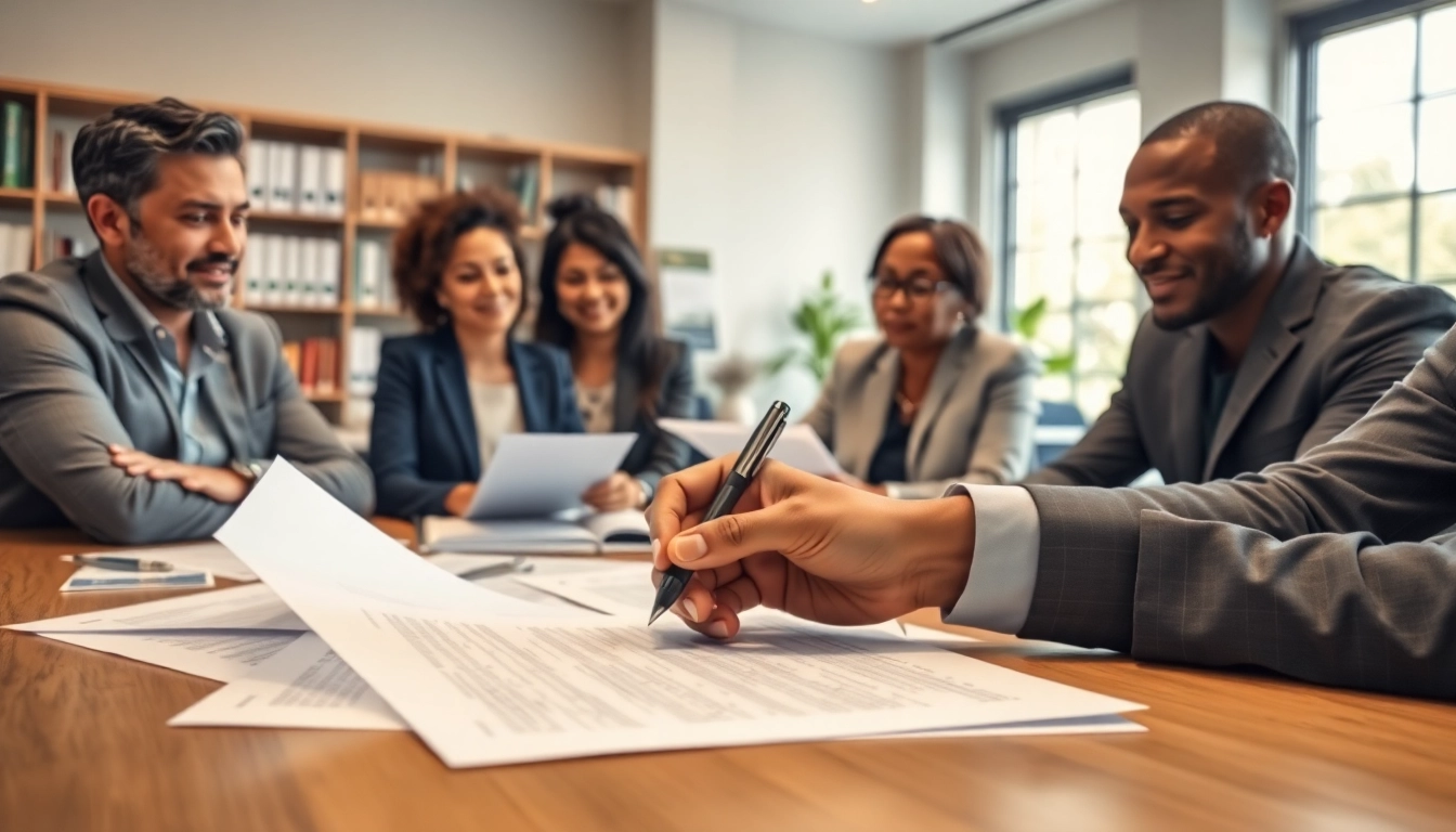 Engaging team discussing contracts and grants in a professional office setting.