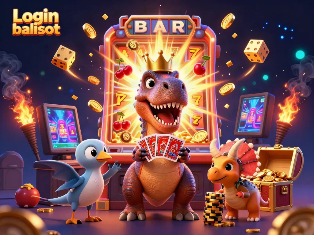 Experience the thrill with Login balislot as a dinosaur duo shuffles cards and stacks chips in a colorful casino scene.