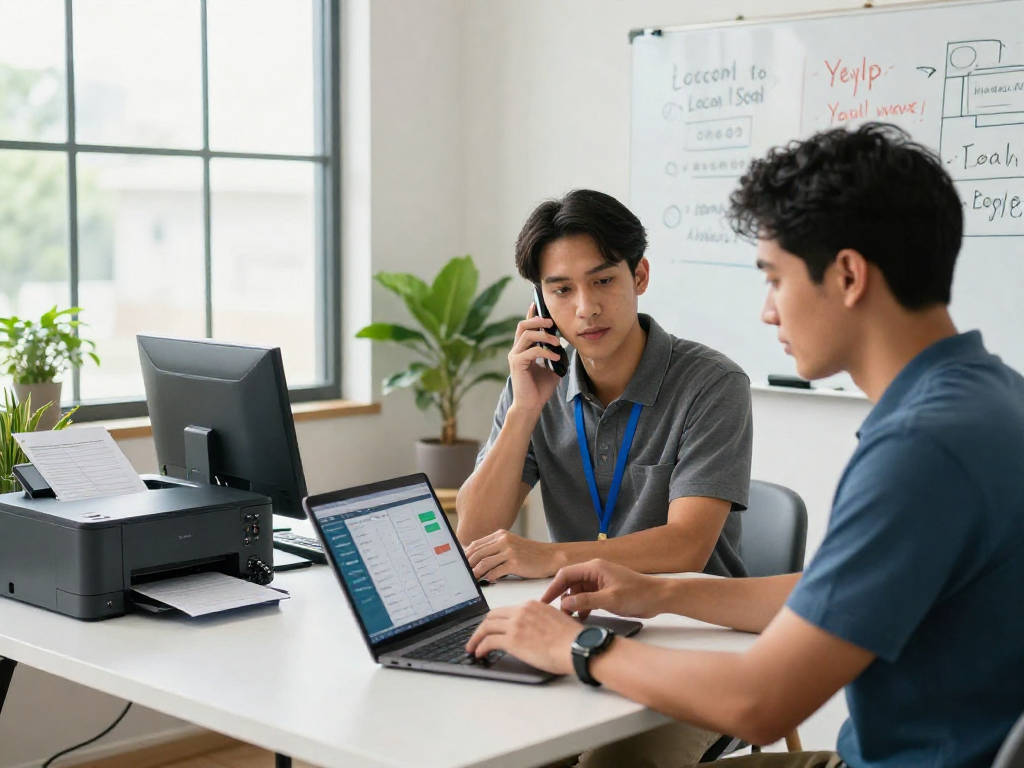 Operators in a modern office managing HVAC SEO company tasks, optimizing local leads and bookings.