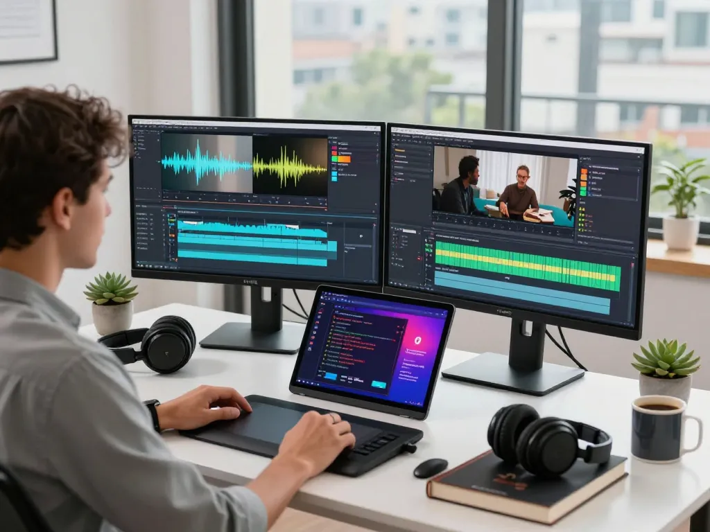 Video to promptgenerator in use as a content creator analyzes video prompts at a modern home office desk.