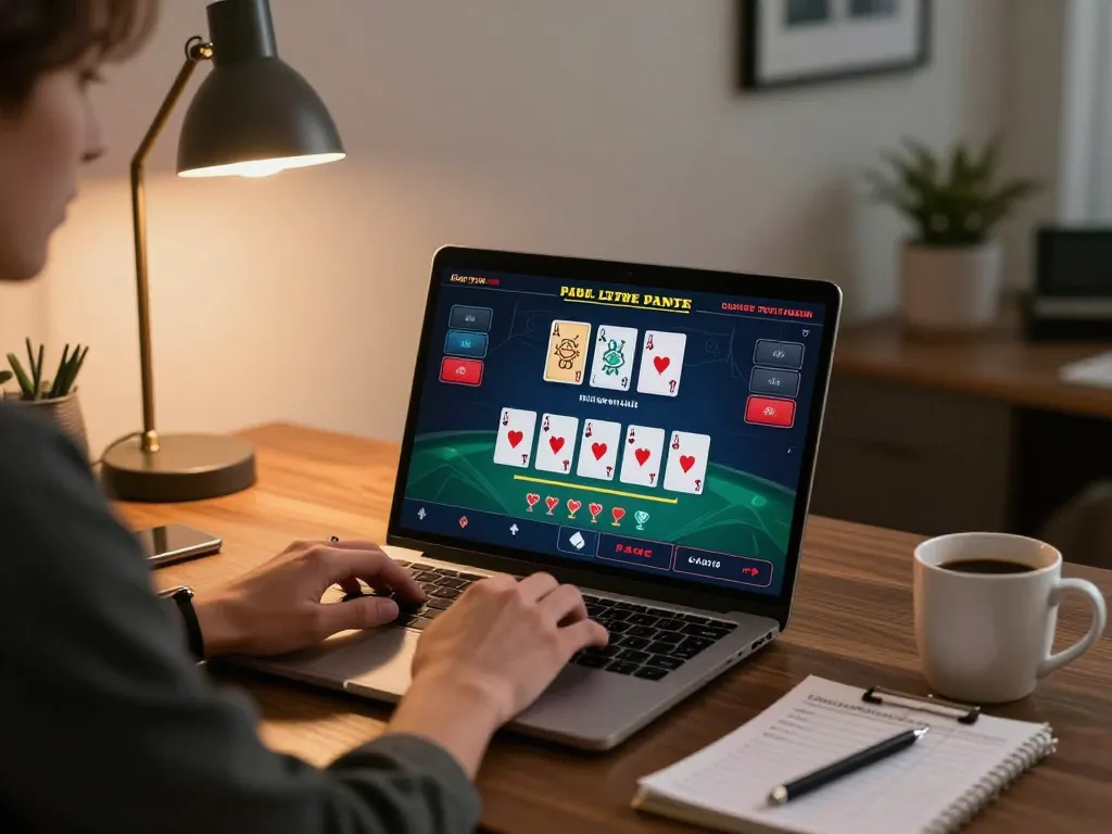 Player engaging in live dealer blackjack online at home with hay88x, showcasing strategy notes and cozy setting.