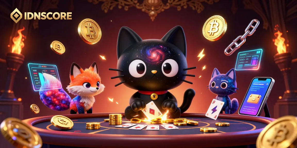 Experience IDNSCORE’s dynamic casino scene with a black hole cat and galaxy-themed elements.