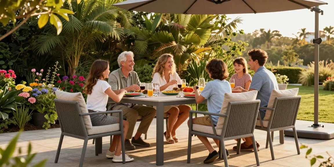 Gathering around stylish patio furniture from the best patio furniture brands, showcasing dining and relaxation.