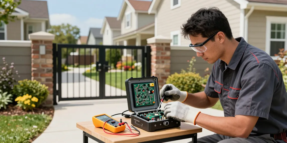 Mighty Mule circuit board problems being diagnosed by technician in residential backyard.