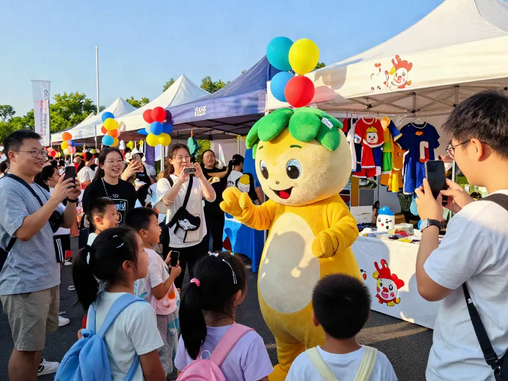 Children interacting with a lively mascot character at a fair, showcasing vibrant mascot costumes uk.