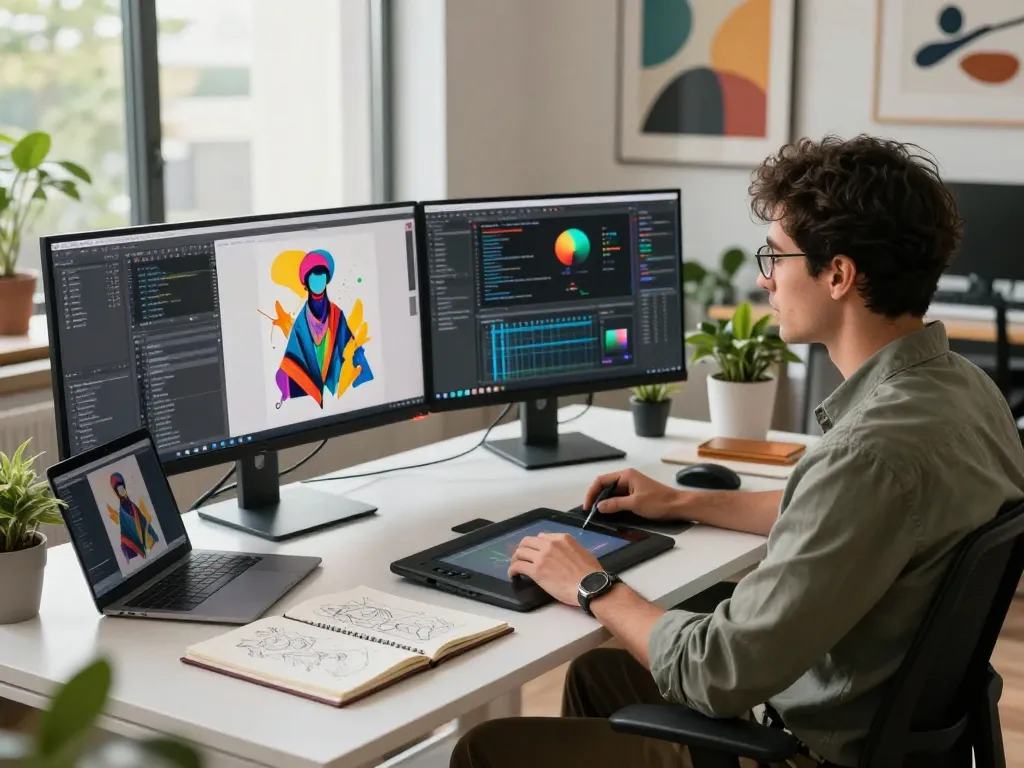 Innovative workspace showcasing NSFW AI content creation on dual monitors with a creative professional at work.