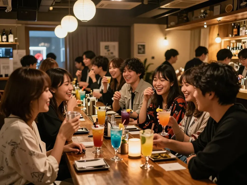 地元の文化を反映したおしゃれな客が飲み物と会話を楽しむオビヒロの魅力的なナイトライフシーン。