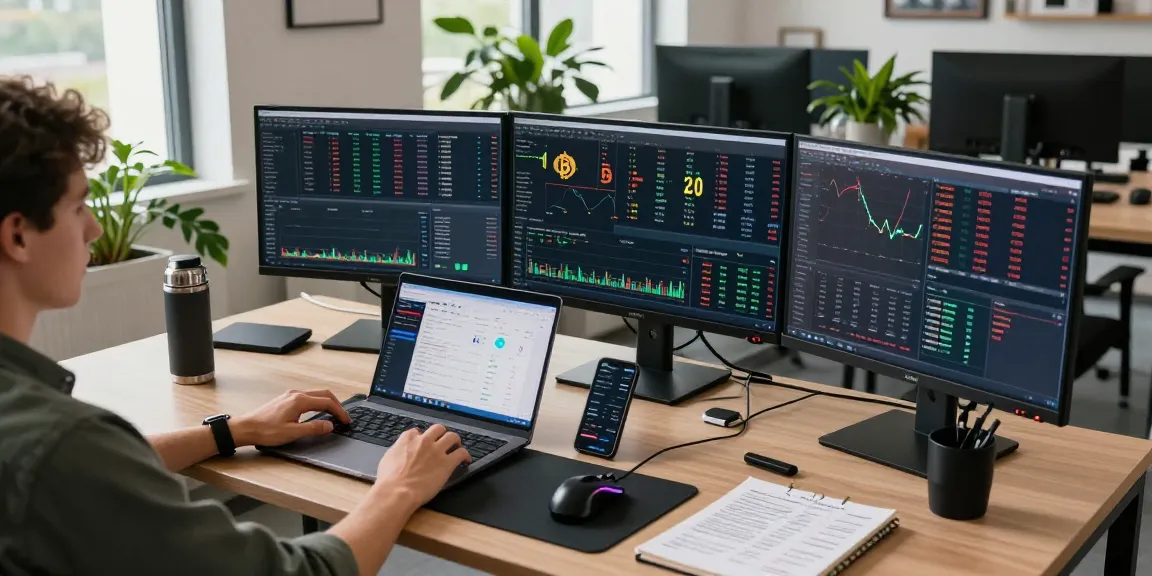 Cricbet digital wallet interface on trading monitors in a modern crypto workspace showcasing live Bitcoin prices and DeFi metrics.