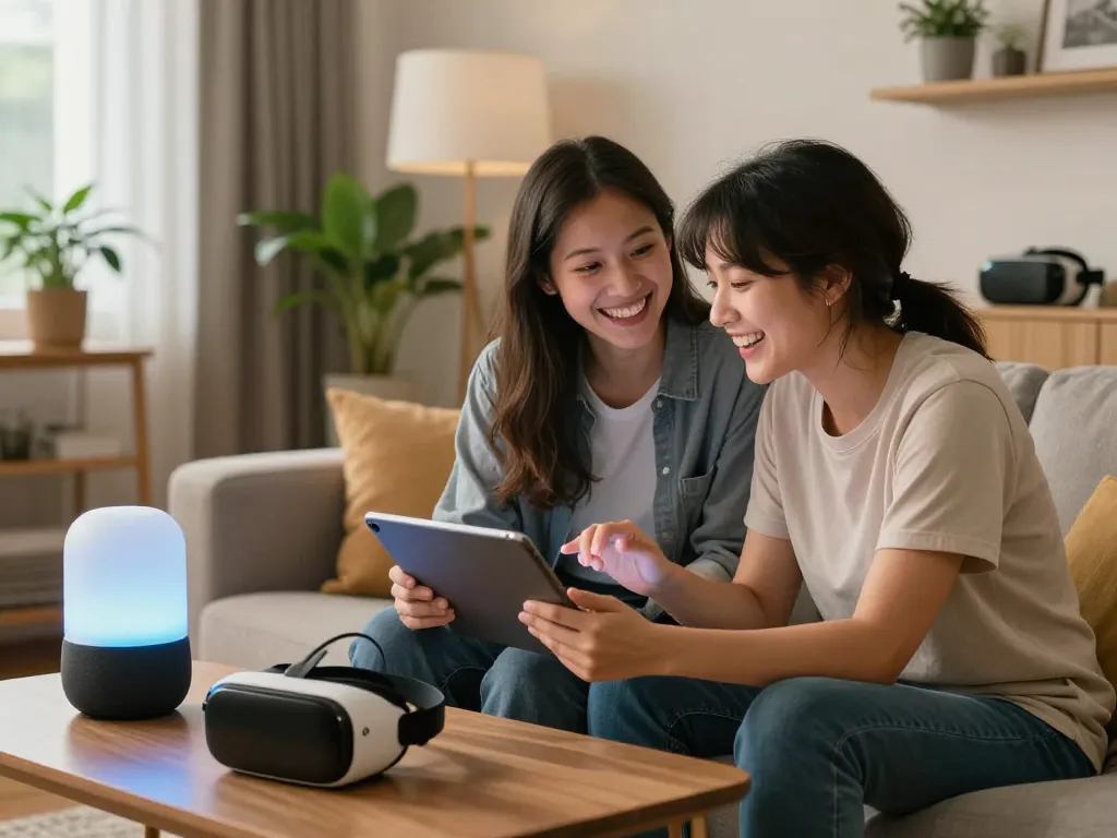 Couple enjoying ai sex interaction with advanced AI companion in cozy living room