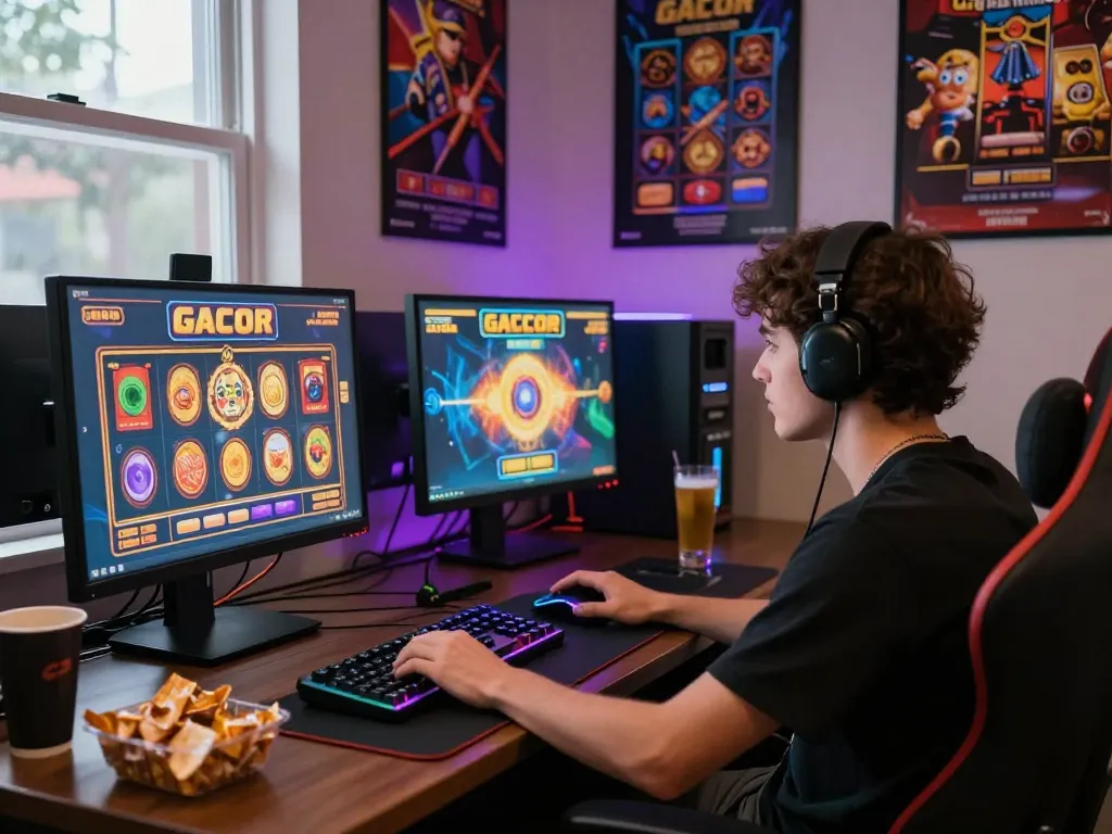 Player enjoying slot gacor games in a vibrant online gaming room with colorful visuals and cozy lighting.