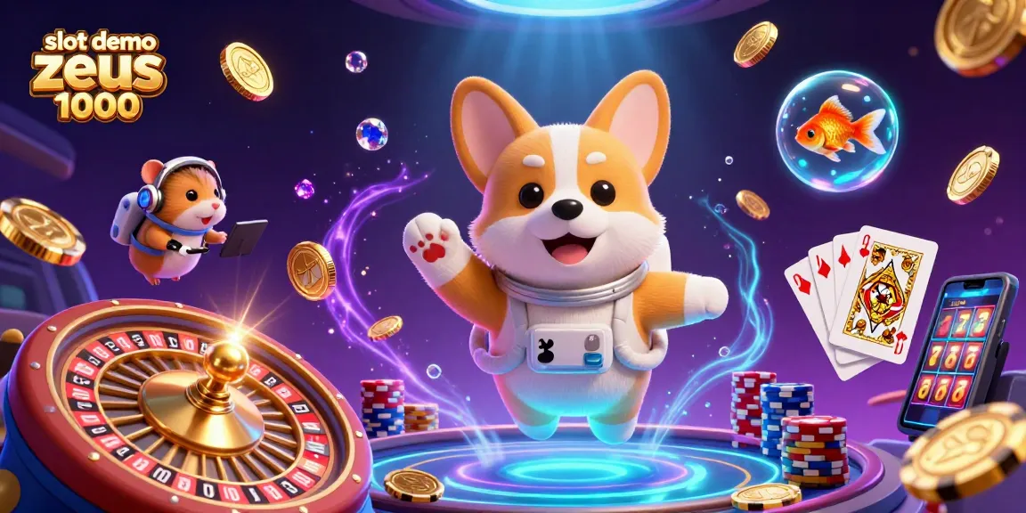 Engage in the exciting slot demo zeus 1000 with a vibrant 3D space casino illustration showcasing dynamic characters and gaming elements.