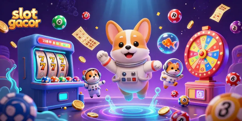 Experience slot gacor excitement with a vibrant scene of an astronaut corgi amidst cosmic casino elements.