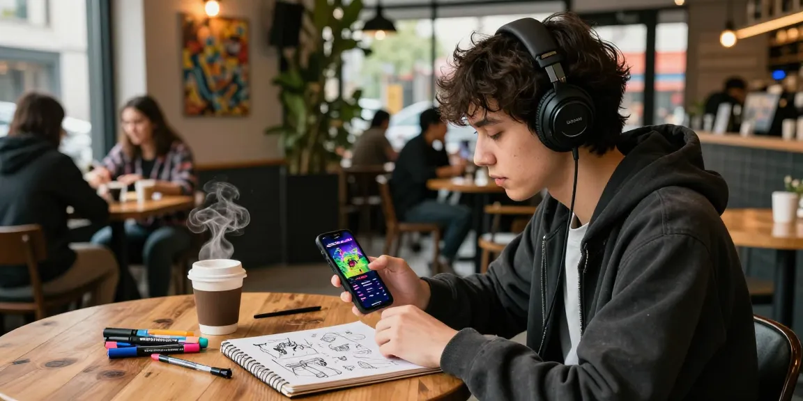 Youth engaged in gaming with rokok88 app at café, surrounded by coffee and creative tools.