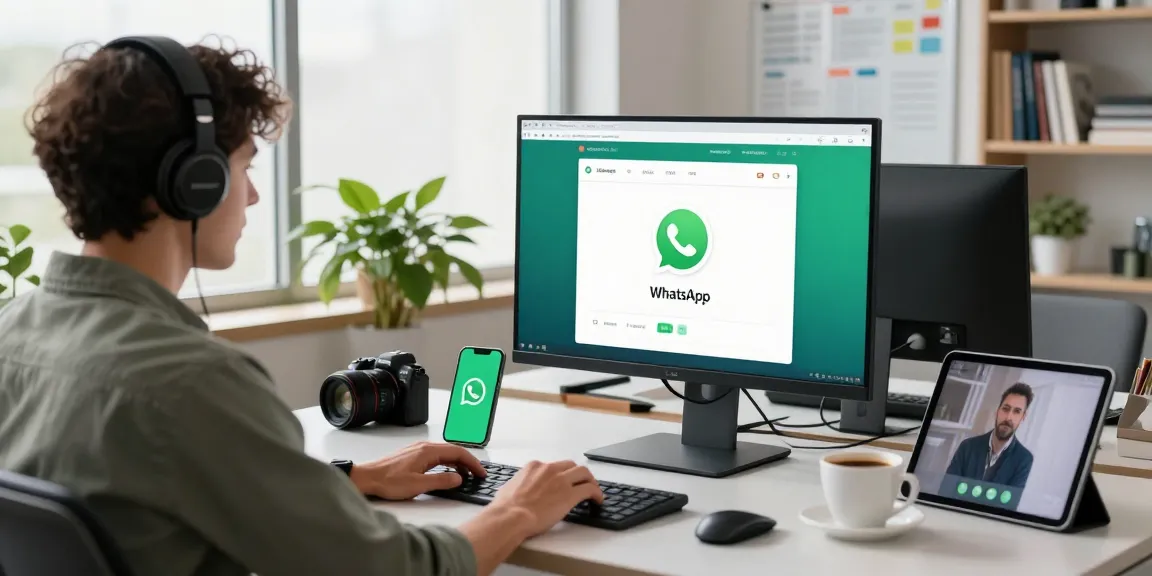 User using WhatsApp網頁版 on a desktop with a smartphone nearby in a modern office.