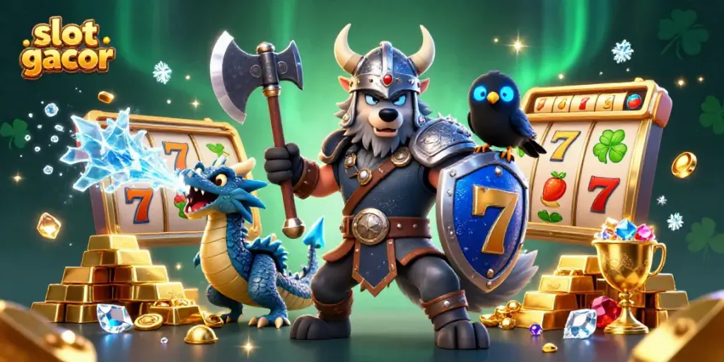 Engaging scene of the "slot gacor" adventure with a Viking wolf, dragon, and treasures.