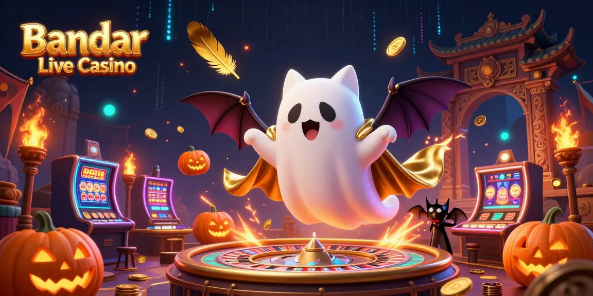 Experience the excitement at Bandar Live Casino with a thrilling 3D scene featuring a ghost cat and vibrant gaming elements.