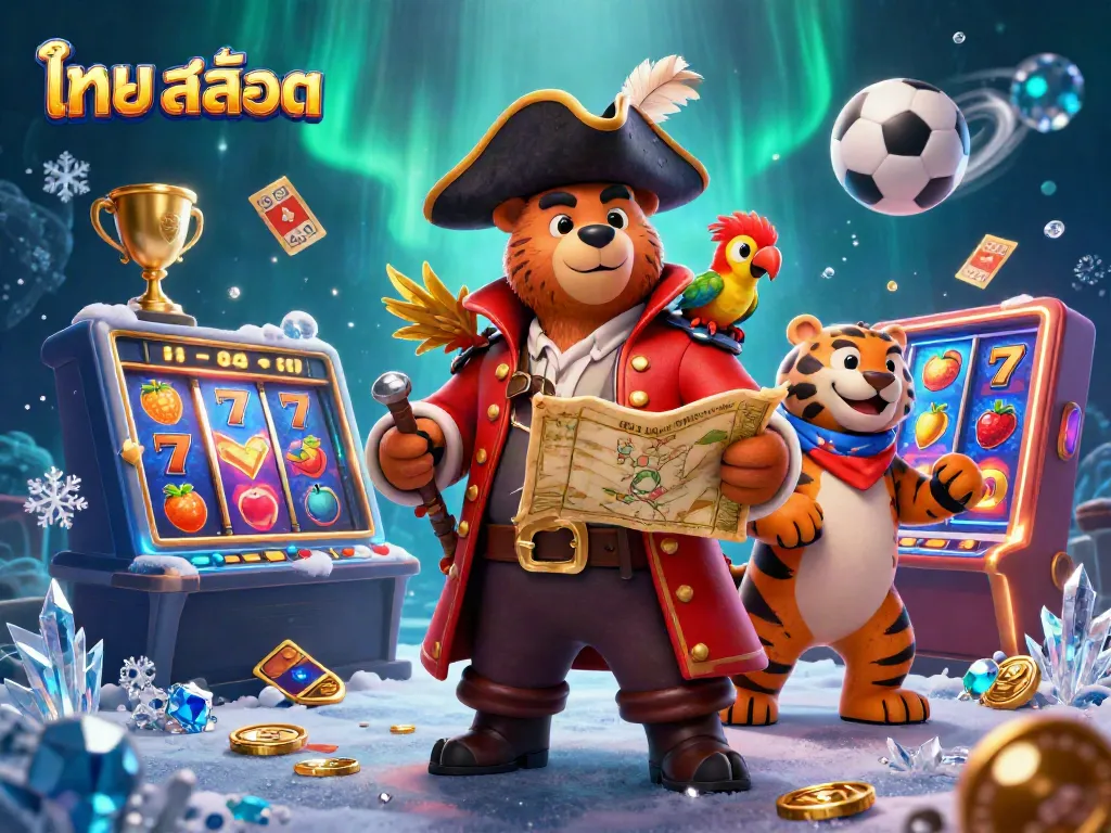 Experience thrilling ไทย สล็อต action with a 3D pirate bear and tiger in a colorful casino scene.