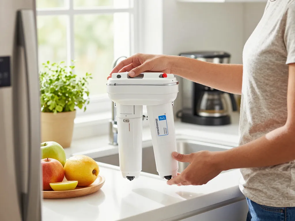 Replacing Waterspecialist Replacement for GE® RPWFE® water filter in a modern kitchen, demonstrating easy installation.