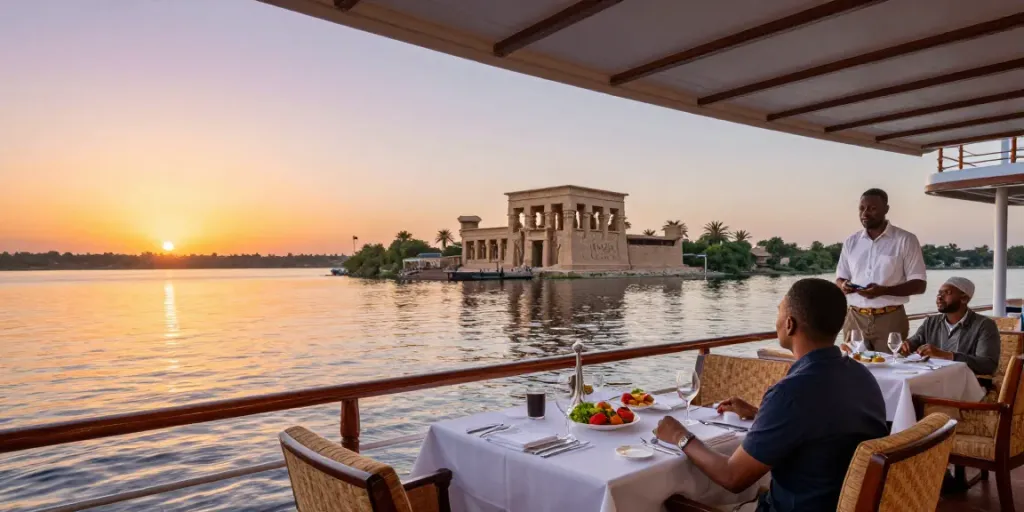 Experience stunning Lake Nasser Cruises with an elegant dinner setup on a luxury ship amidst beautiful ancient temples.
