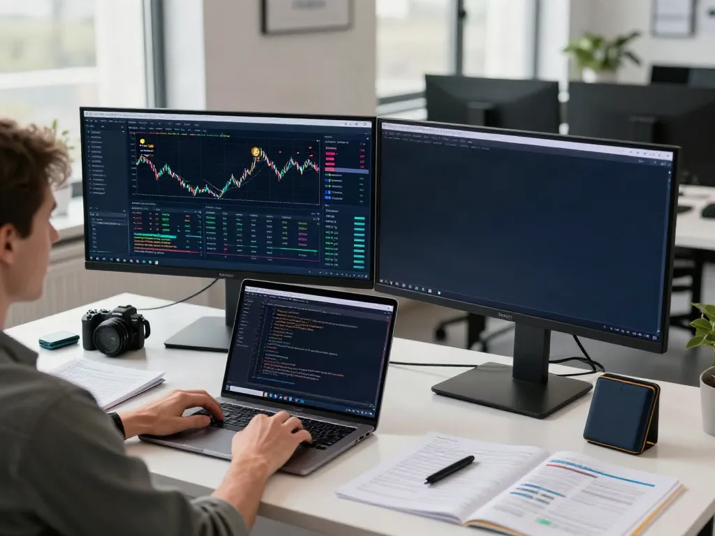 Real-time crypto trading analysis featuring Indian stock API Python usage on multiple devices and displays.
