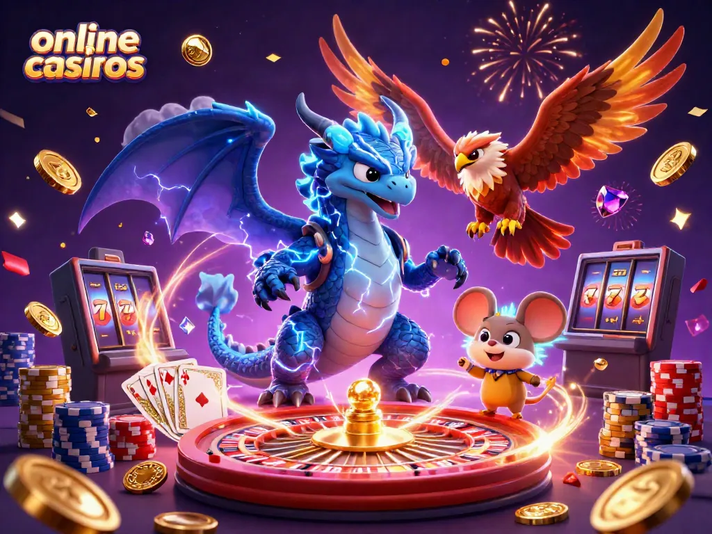 Experience thrilling online casinos with a dragon, hawk, and mouse amidst winning elements.