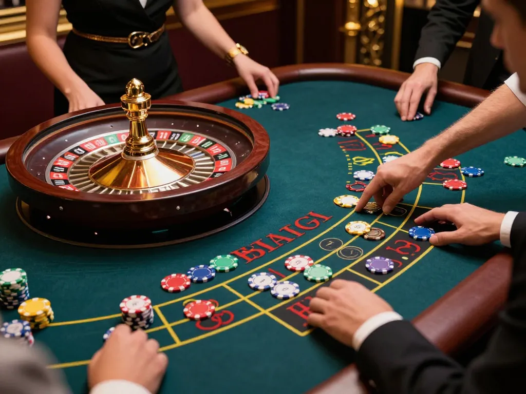 Players strategize at a vaobet roulette table, creating an engaging casino atmosphere.