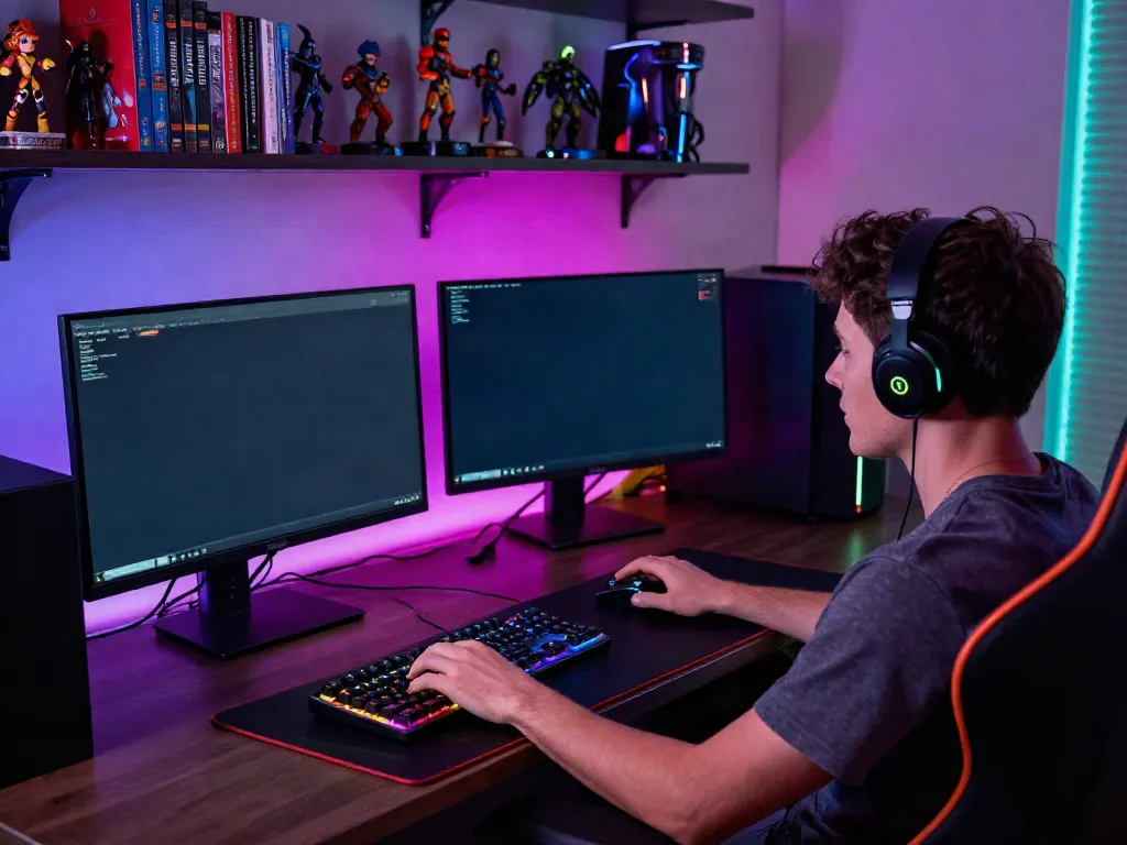 Player immersed in a slot game at a modern gaming setup, showcasing excitement and strategy.