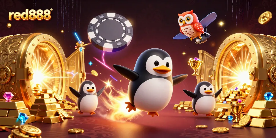 Experience the thrill of red888 with a golden penguin racing towards a cosmic casino!