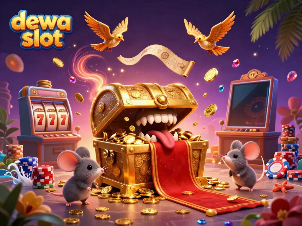 Gali kekayaan dewa slot dengan peti harta karun berkilau dan koin emas yang bertebaran.