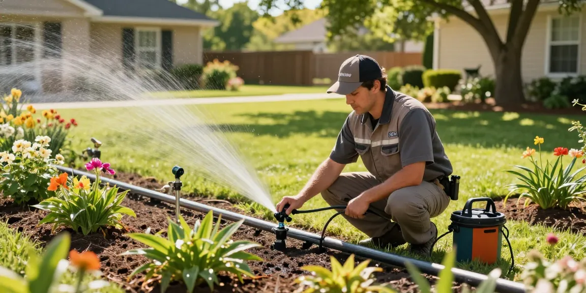 Professional Irrigation Services in Hudson oaks, TX technician inspecting lush garden irrigation system for leaks.