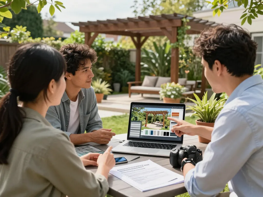Clients engaging with a designer, showcasing 3D Pergola Sales Software during consultation in a garden setting.