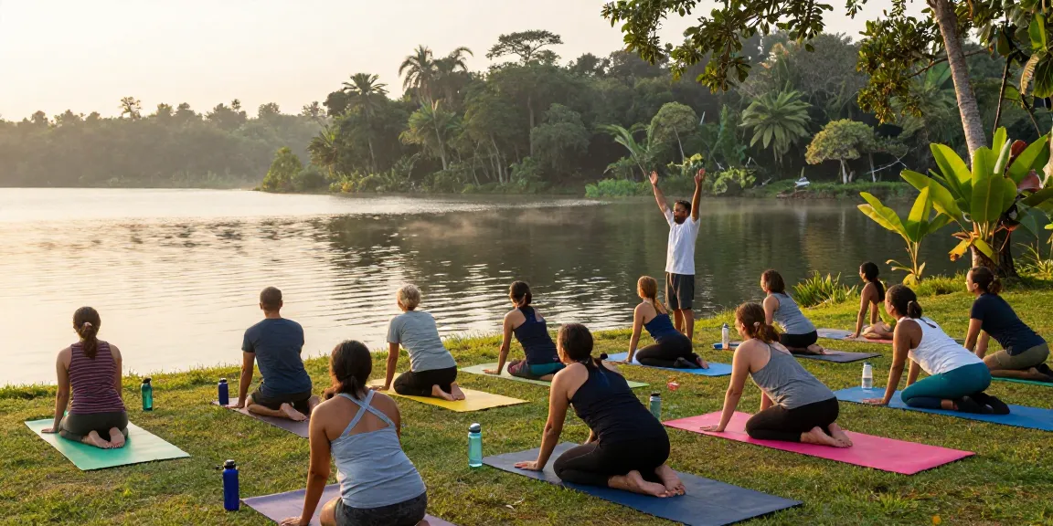 Yoga teacher training Sri Lanka scene with students practicing by Koggala Lake at sunrise, promoting a tranquil and focused learning atmosphere.