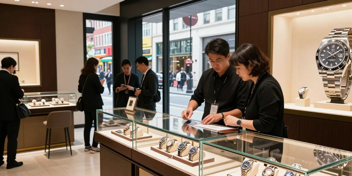 showcasing rolex super clone watches in a luxury watch retailer's elegant display