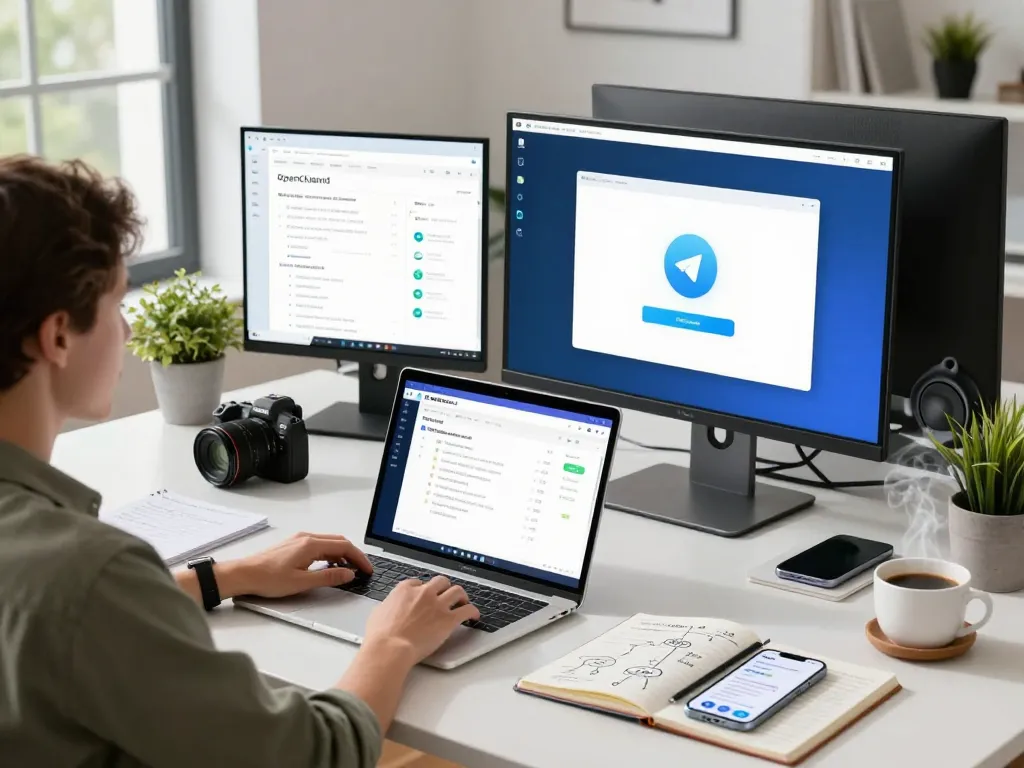 OpenClawd AI assistant enhancing productivity in a modern workspace with multiple screens and task automation.