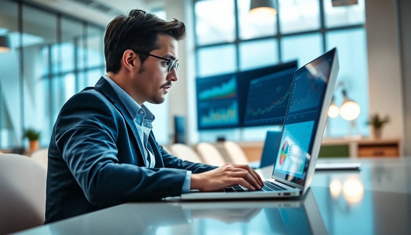 Analyse von Daten auf https://alvionz.de/ durch einen digitalen Marketingberater in einem modernen Büro.
