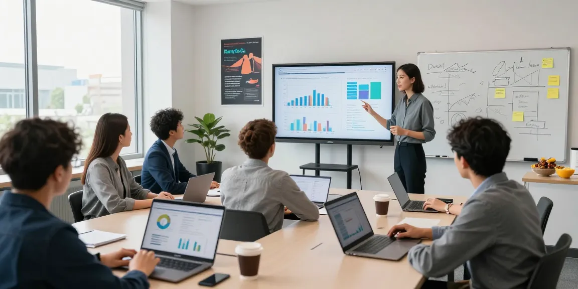 Engaging data-driven marketing training session with professionals collaborating in a classroom.