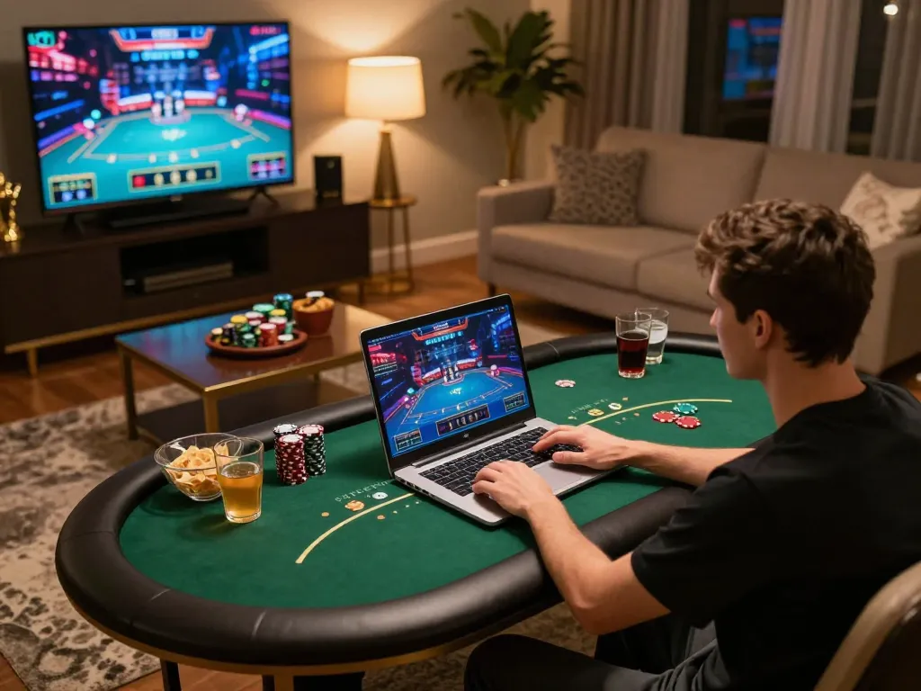 Engaging player immersed in online poker gameplay with 566 in a stylish home environment