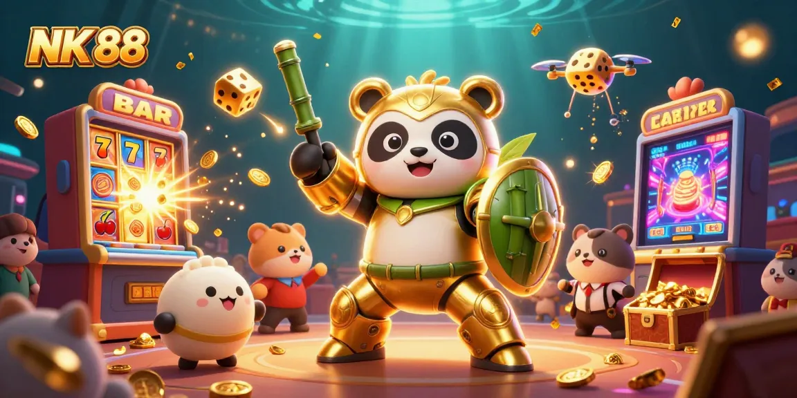 Experience the excitement of NK 88 with a vibrant 3D casino illustration featuring golden panda and gambling symbols.