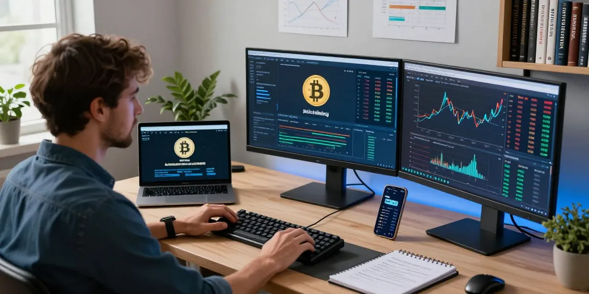 Bitcoin mining investment analysis in a professional crypto trading office with digital wallets and market charts displayed.
