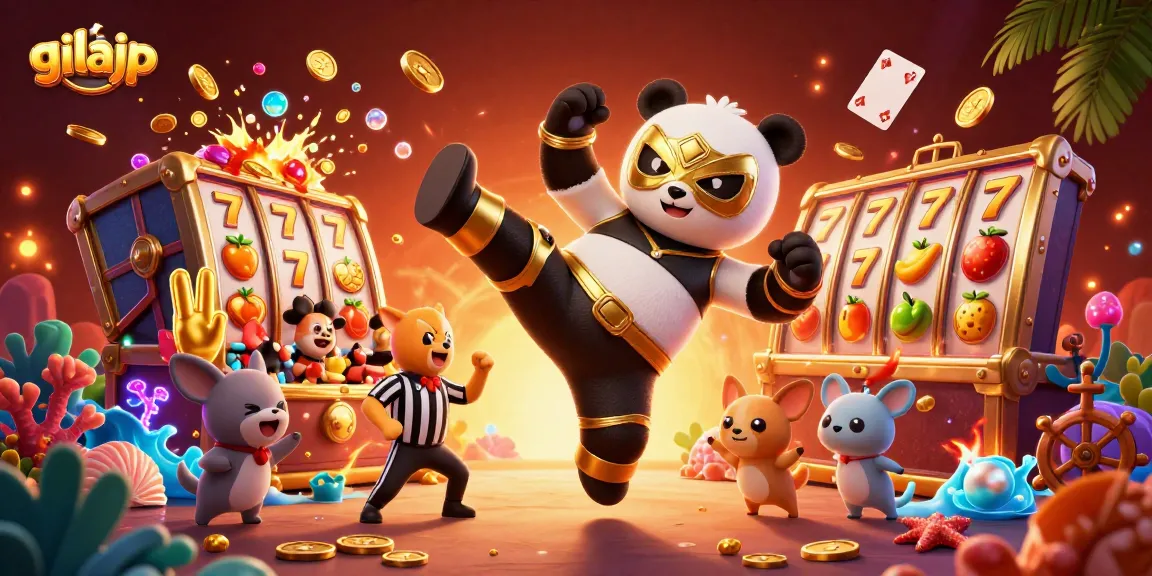 Engage with gilajp's thrilling slot adventure featuring a panda wrestler, animated gold coins, and vibrant casino elements.