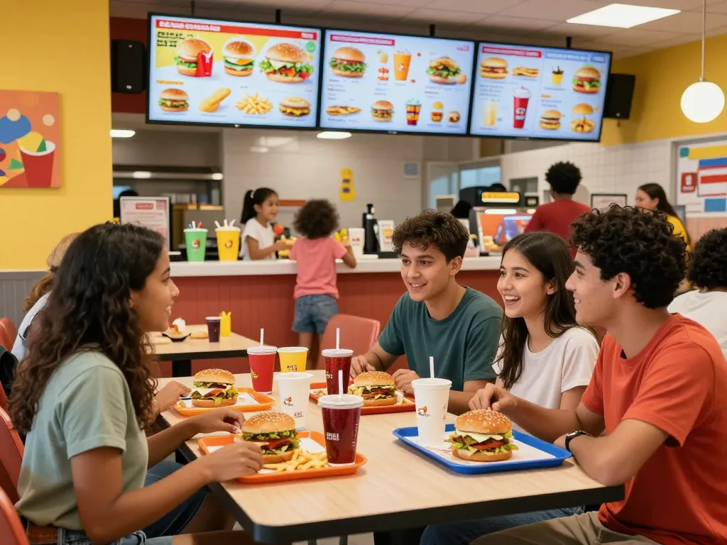 Fast food menu with colorful trays of burgers and fries in a lively restaurant setting.