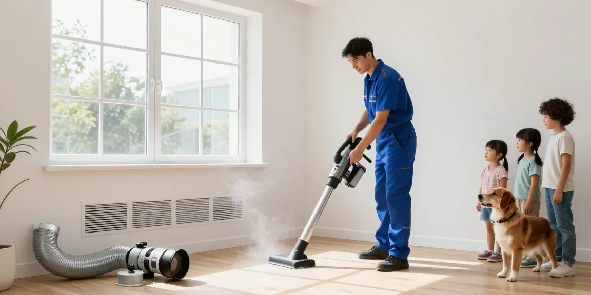 Air Duct Cleaning process in a bright home, technician using specialized equipment to enhance indoor air quality.