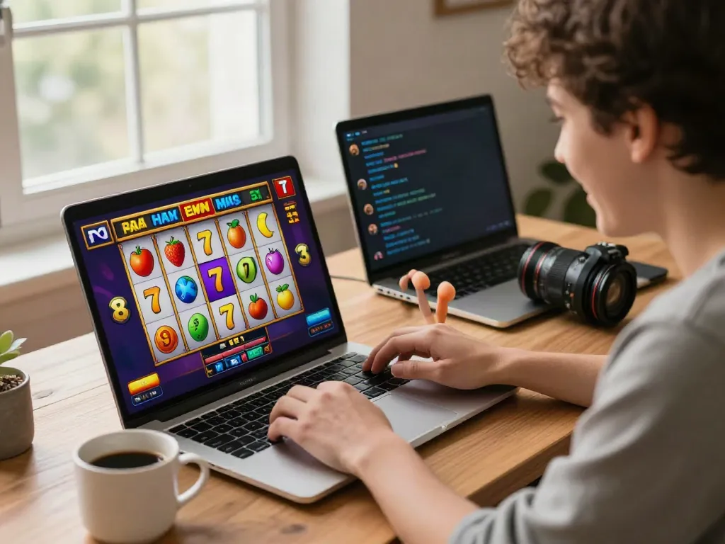 Permainan slot777 online dengan pemain merayakan kemenangan di rumah.