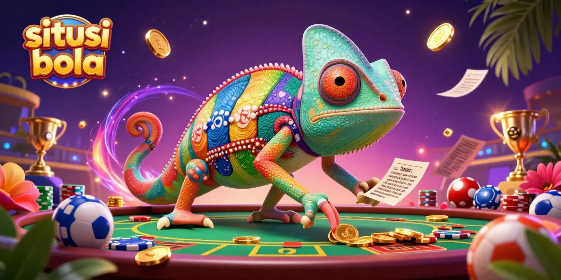 Situs judi bola showcases a lively scene of a chameleon casino owner amidst trophies, betting slips, and colorful sports balls.