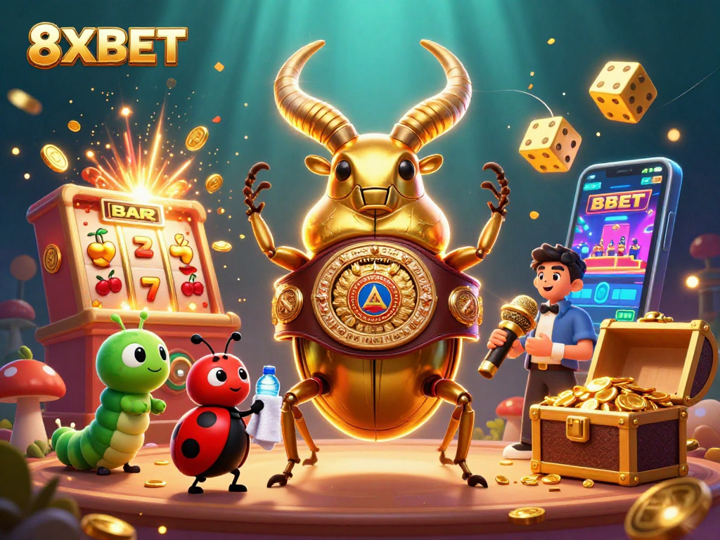 Engage in captivating games at 8XBET, featuring a dynamic casino scene with vibrant character action and rich game elements.