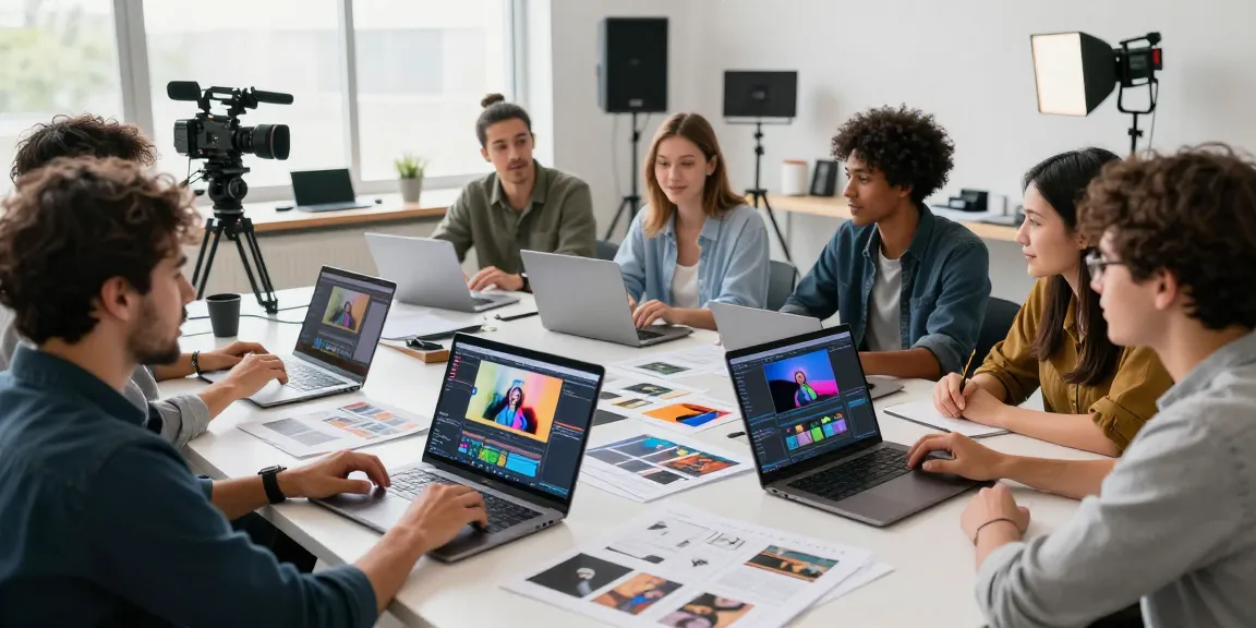 Creative team generating ai video prompts in modern studio.
